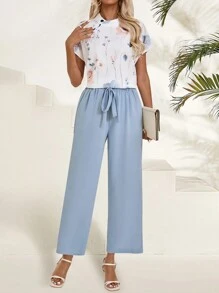 EMERY ROSE Floral Print Button Detail Batwing Sleeve Shirt + Belted Pants Set Summer - Blue - View 5