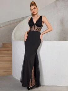 SHEIN Belle 优雅、性感、时尚的女人，经典黑色波尔卡圆点网眼宽肩带，V 领，半透明效果，褶皱装饰，高腰，紧身臀部，鱼尾款式，高开叉，复活节音乐节，节日季，毕业季，返校季，舞会正式晚宴礼服 - 黑色 - 查看 2