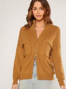 Hauture Double Zip Drop Shoulder Cardigan - Apricot - View 1