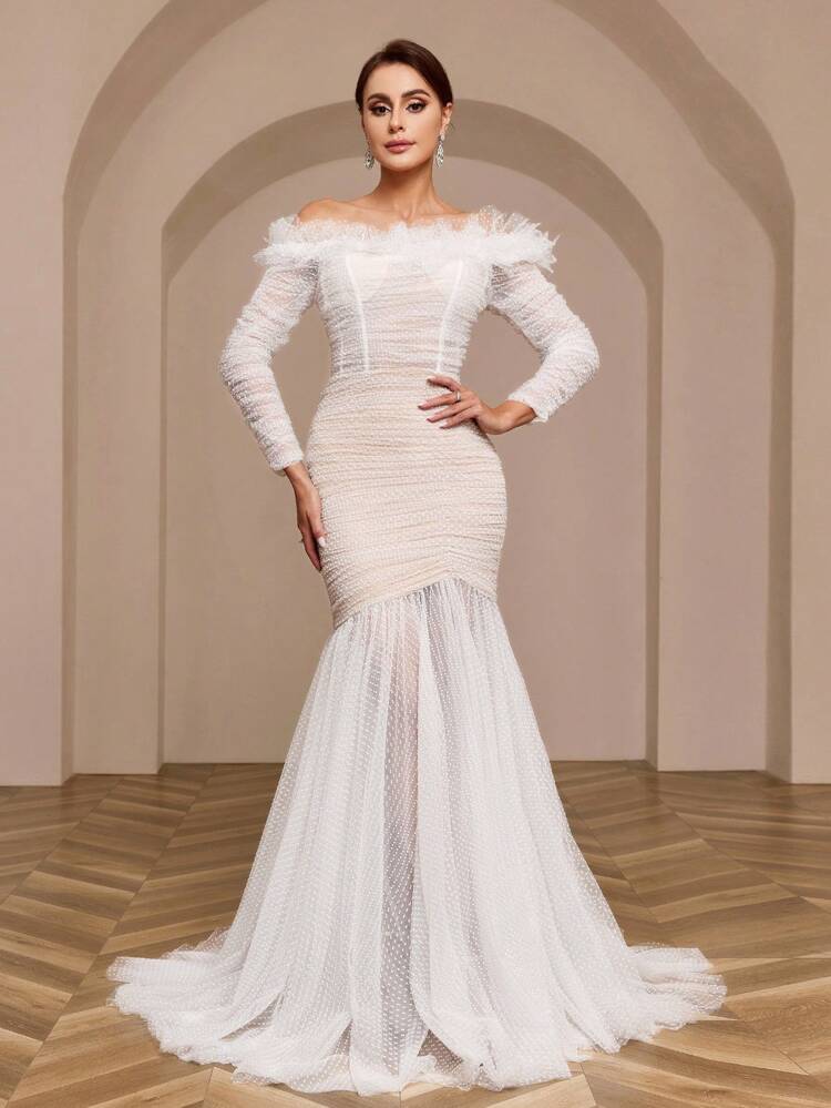 Elegant Atmosphere One Shoulder Stereoscopic Floral Long Sleeve Mesh See Through Flesh Color Lining Clash Of Colors High Waist Slim Fishtail See Through Oversized Hem Ramadan Wedding Event Wedding Dresses