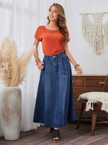 SHEIN LUNE Women's Denim Skirt With Pockets - Dark Wash - View 3