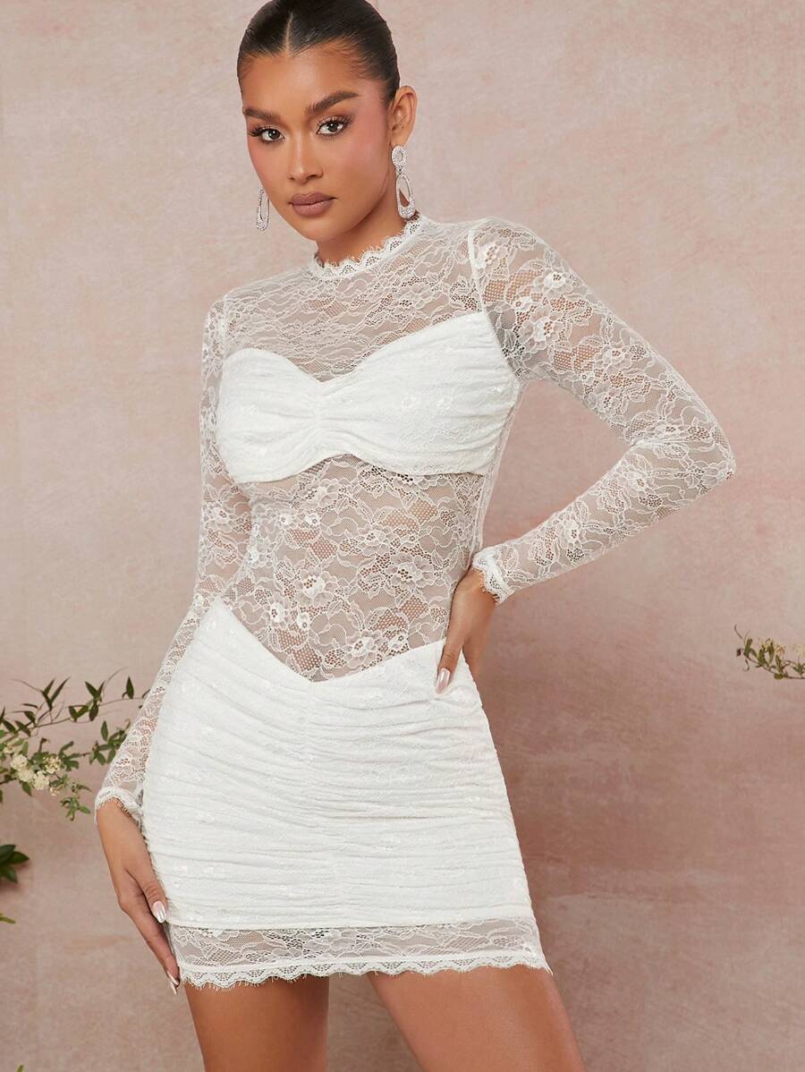 L'Amorae Lớp phủ ren Xù Váy bodycon - trắng - Xem 1