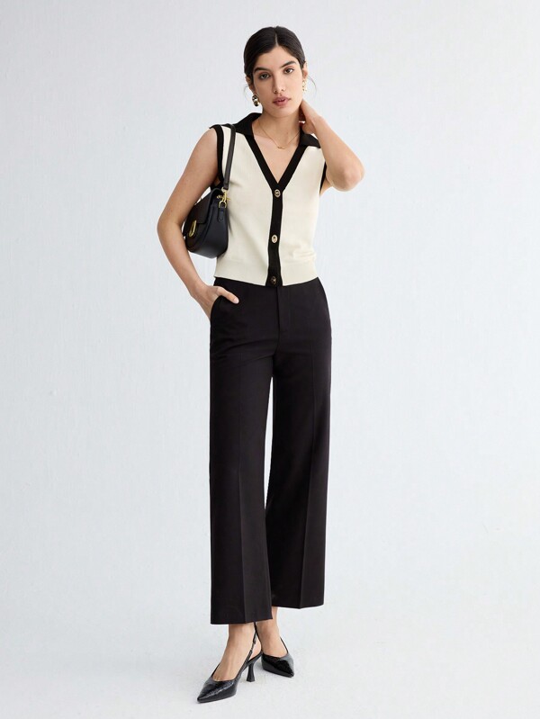 BizChic Comfortable Casual Black-Apricot Contrast Color Women Knitted Top For Summer