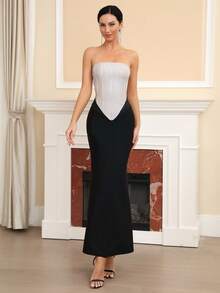 Modphy 新款性感無肩無背金銀線拼接高腰束腰晚禮服女裝 - 黑色 - 查看 7