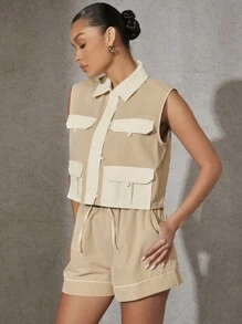 Hauture Colorblock Pocket Top & Shorts Two Piece Set - Multicolor - View 3