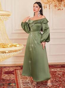 Modelyn Women's Off-Shoulder Lantern Sleeve Dress With Rhinestones Decoration Long Evening Dresses - Olive Green - View 8