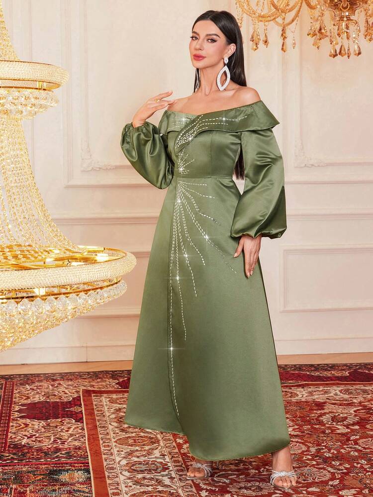 Women's Off-Shoulder Lantern Sleeve Dress With Rhinestones Decoration Long Evening Dresses