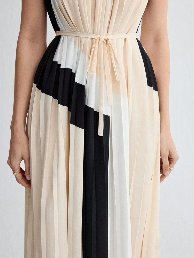 Ladies' Colorblock Belted Pleated Dress