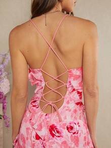 SHEIN Unity Floral Ruffle Lace Up Back Dress - Orange - View 7