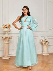 SHEIN Belle Women's Formal Dress With Pleated Design, Hollow Out Chest, Lantern Sleeves And Ruffled Details (Heavy Style)