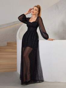SHEIN Belle Đầm lưới xuyên thấu màu đen thanh lịch, lãng mạn và sang trọng Váy lưới dài tay đính sequin xếp li trong mờ Váy viền chữ A cỡ lớn ngày lễ Lễ tốt nghiệp Lễ phục sinh Váy dạ hội công nghiệp nặng - màu đen - Xem 7