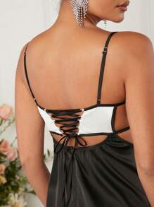 L'Amorae Colorblock Cut Out Lace Up Dress - Black and White - View 6