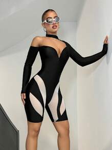 SHEIN ICON Asymmetrical Neckline Sheer Long Sleeve Unitards Jumpsuit - Black and White - View 3