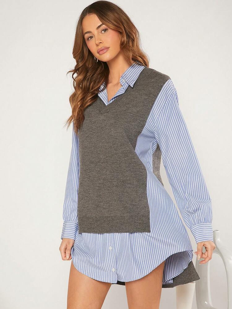 Women's Knitted Sweater & Woven 2 In 1 Shirt Combination With Patchwork Design