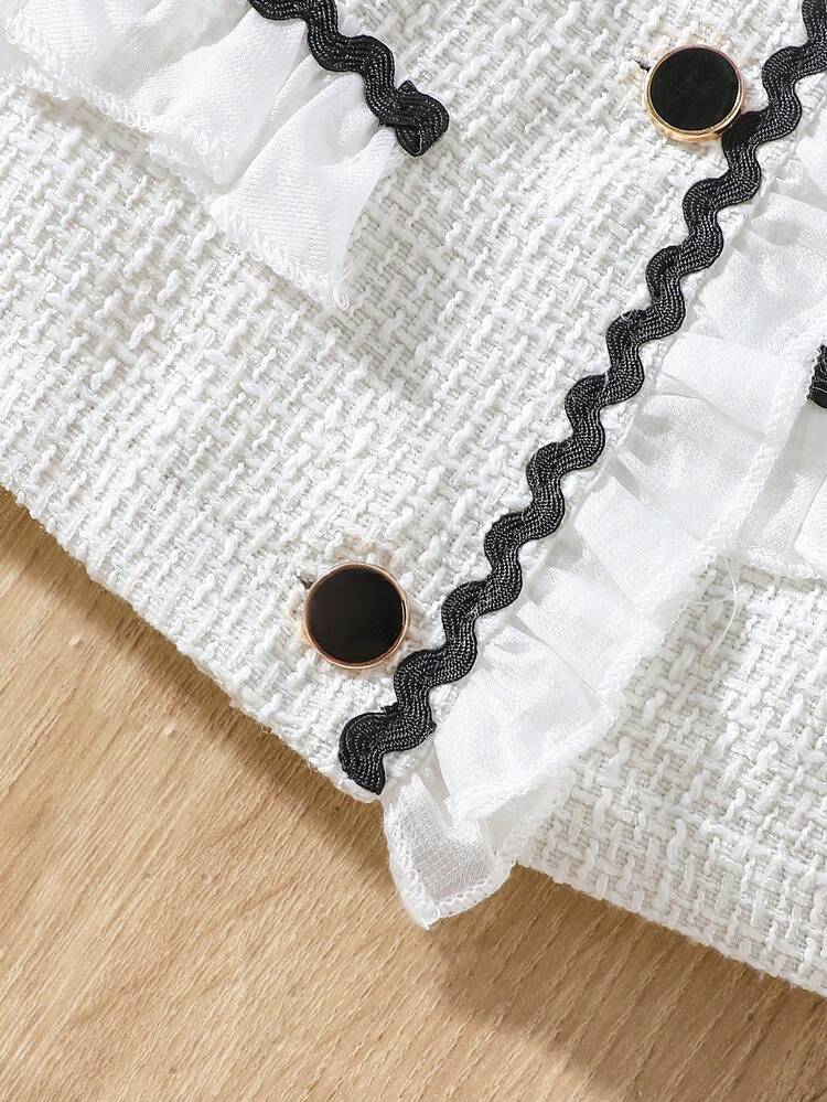 Young Girls' Square Neck Short Sleeve Top With Weave Tape Decoration, Lace Trimmed Shorts With Single Lip Design Bag Two-Piece Set