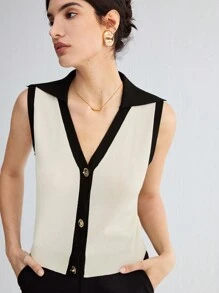 BizChic Comfortable Casual Black-Apricot Contrast Color Women Knitted Top For Summer - Apricot - View 8