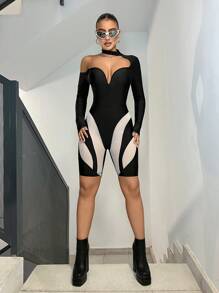 SHEIN ICON Asymmetrical Neckline Sheer Long Sleeve Unitards Jumpsuit - Black and White - View 5