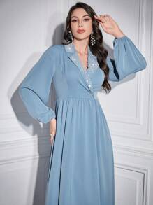 Modelyn 女士串珠灯笼袖直筒连衣裙，优雅晚会礼服长款晚礼服 - 藍色 - 查看 8