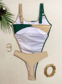 SHEIN Swim 女士时尚连体泳衣，配色块双肩带、腰带扣，夏季 - 彩色 - 查看 5