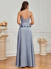 SHEIN Belle Người lớn Ren Cái nĩa cao Váy phù dâu - Màu xanh nhạt - Xem 3