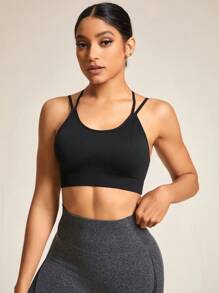 SHEIN Sports Women's Seamless Cross Back Sports Tank Top Gym Top - Black - View 4