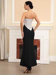 Modphy 新款性感無肩無背金銀線拼接高腰束腰晚禮服女裝 - 黑色 - 查看 2