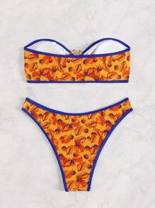 SHEIN Swim 女士树叶印花抹胸比基尼套装 夏季 - 彩色 - 查看 8