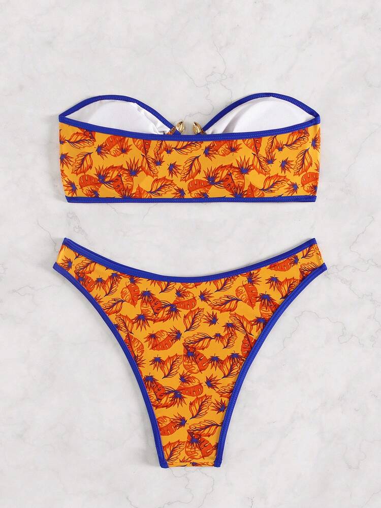Women's Leaf Print Bandeau Bikini Set Summer