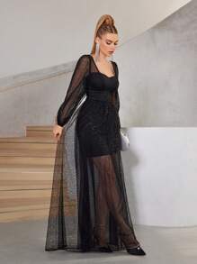 SHEIN Belle Đầm lưới xuyên thấu màu đen thanh lịch, lãng mạn và sang trọng Váy lưới dài tay đính sequin xếp li trong mờ Váy viền chữ A cỡ lớn ngày lễ Lễ tốt nghiệp Lễ phục sinh Váy dạ hội công nghiệp nặng - màu đen - Xem 3