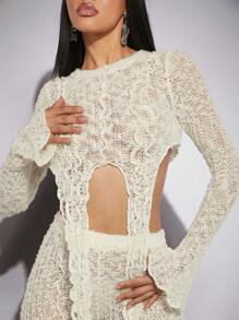 Hauture Textured Knit Draped Top & Pants Set - White - View 5