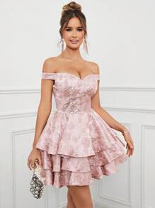 SHEIN Belle Lãng mạn , Thanh lịch & Cao quý Vải Jacquard , Off-shoulder Đầm tiệc rượu Với Viền đa lớp & Ruffle Chi tiết - Hồng - Xem 3