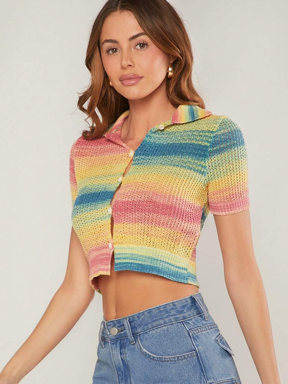 Rainbow Button Up Crop Knit Cardigan