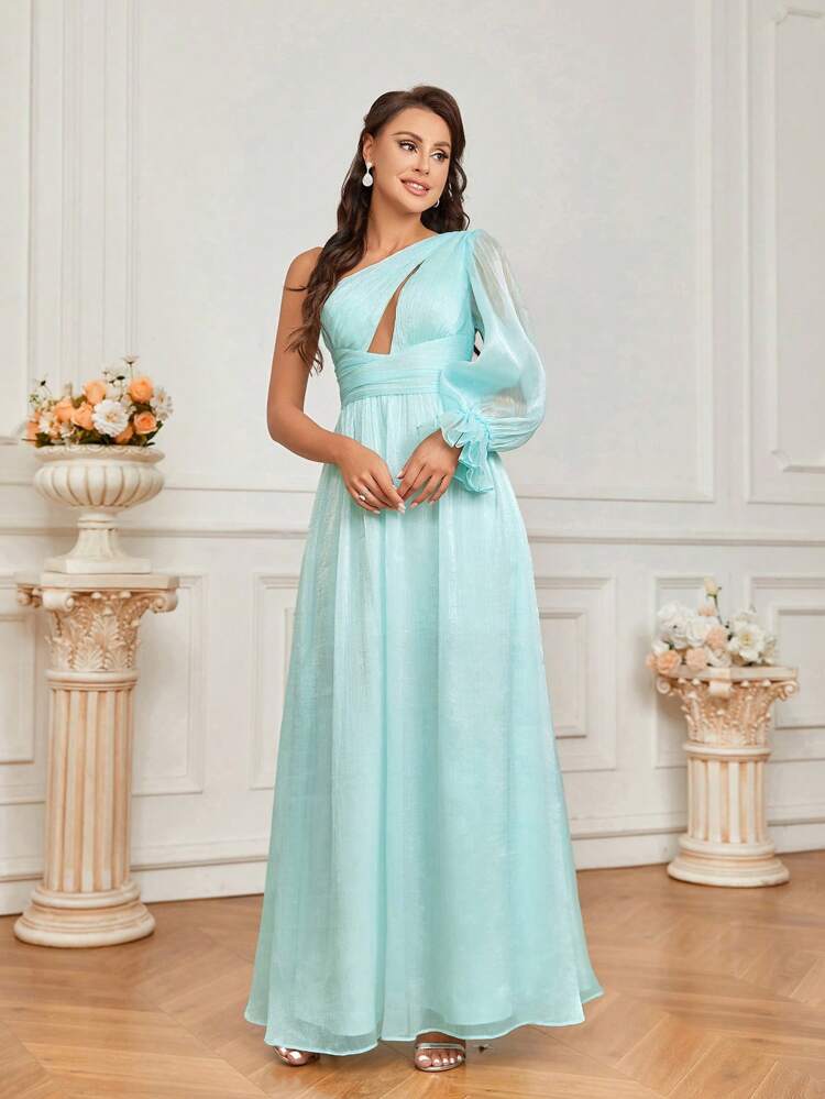 Women's Formal Dress With Pleated Design, Hollow Out Chest, Lantern Sleeves And Ruffled Details (Heavy Style)