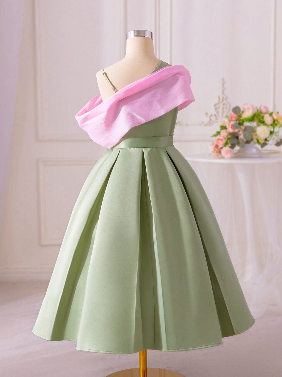 Tween Girl Colorblock Mesh Overlay Asymmetric Dress With Decorative Buckle And Pleating