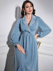 Modelyn 女士串珠灯笼袖直筒连衣裙，优雅晚会礼服长款晚礼服 - 藍色 - 查看 7