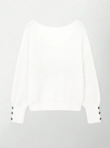 Women's Basic Loose V-Neck Button Sweater, Lightweight Ribbed Knit Pullover, White Casual - White - View 6