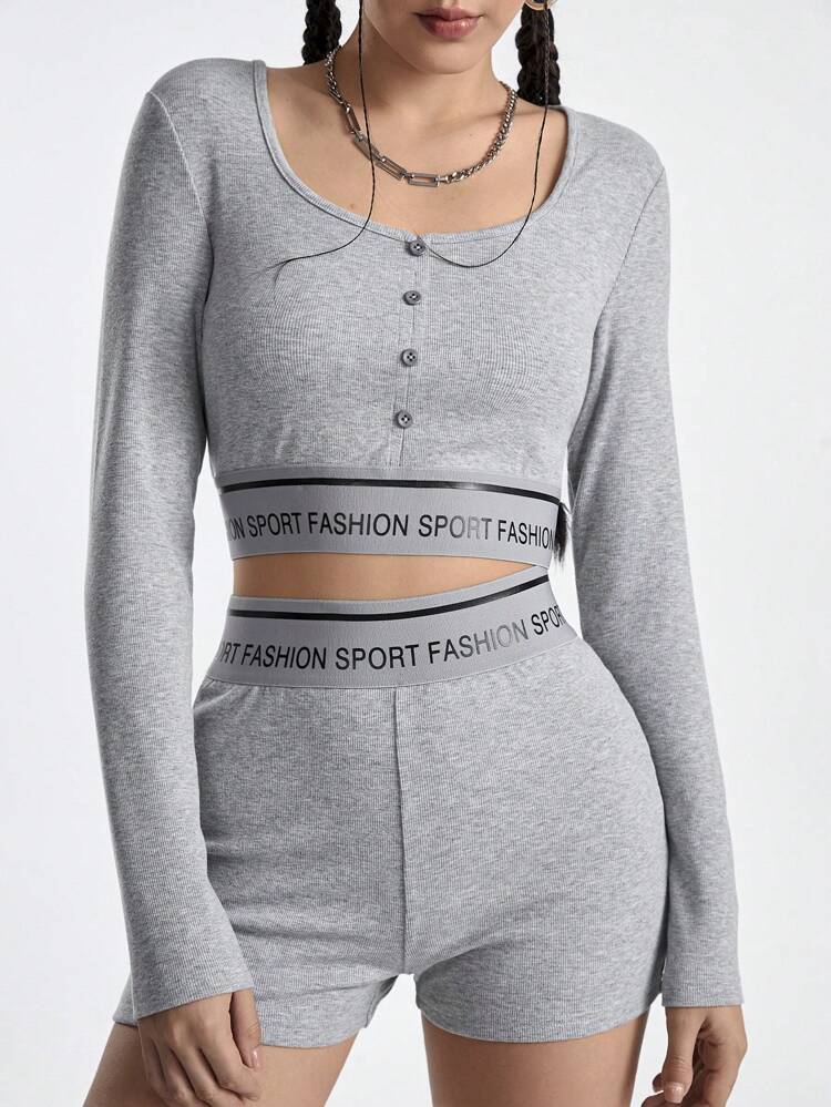 Women's Sportswear Set Including Square Neck Short Sleeve Top And Elastic Shorts, Letter Print & Solid Color Design