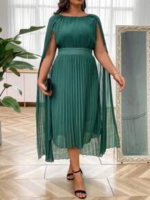 SHEIN Clasi Solid Color Casual Round Neck Cape Sleeve Pleated Dress - Green - View 6