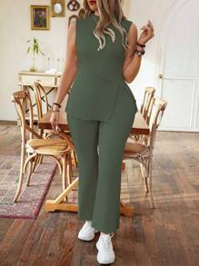 Celure Plus Size Stand Collar Sleeveless Top With Split Hem And Pants Two-Piece Set