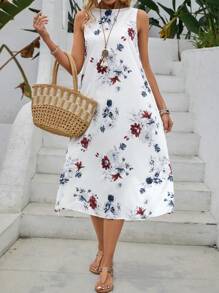 SHEIN LUNE Women's Floral Print Sleeveless A-Line Midi Dress Summer - White - View 4