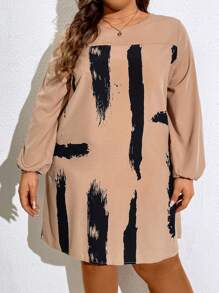 SHEIN CURVE+ Women's Simple Printed Plus Size Dress - Khaki - View 4