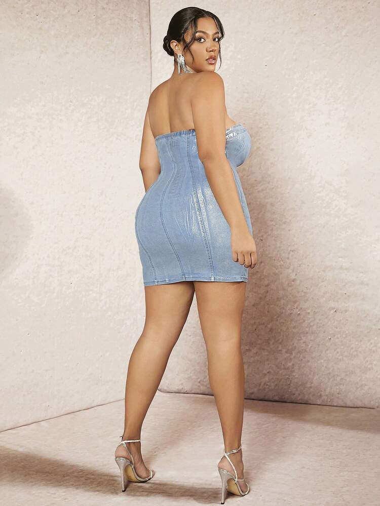 Metallic Sexy High Elastic Plus Size Denim Tube Top Mini Dress&Festival Outfits&Music Festival