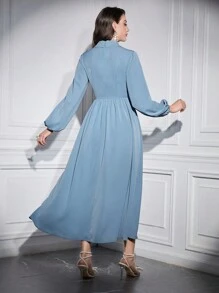 Modelyn 女士串珠灯笼袖直筒连衣裙，优雅晚会礼服长款晚礼服 - 藍色 - 查看 2