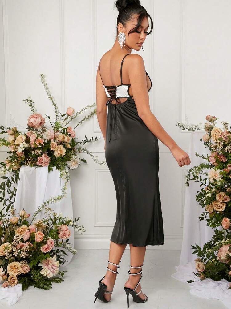 Colorblock Cut Out Lace Up Dress