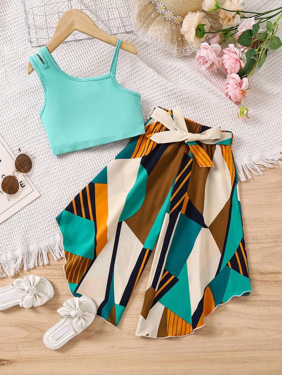 SHEIN Young Girl Set Of Ribbed Tank Top And Geometric Print Skirt