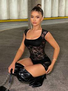 SHEIN BAE Women's Gorgeous Sheer Lace Unitards Jumpsuit