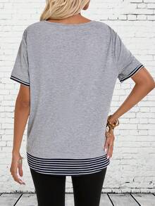 EMERY ROSE 女士條紋和印花短袖圓領休閒t恤,夏季休閒款式 - 灰色 - 查看 7