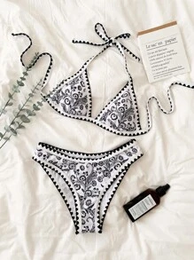 Swim Mod Summer Beach Women's Random Print Triangle Cup Bikini Set - Black and White - View 1