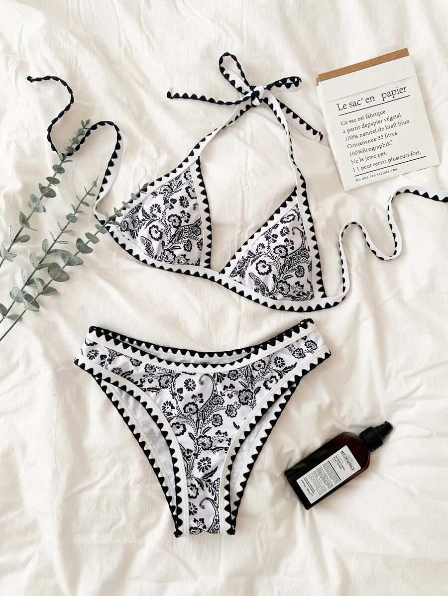 Swim Mod Summer Beach Women's Random Print Triangle Cup Bikini Set - Black and White - View 1
