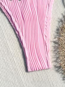 Swim Mod 夏日沙灘女士露背領口中空設計比基尼套裝，飾有眼扣裝飾 - 粉色 - 查看 3